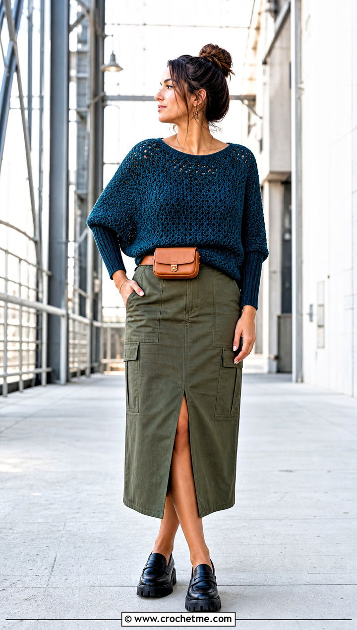 Crochet Dolman Sleeve Top With Utility Skirt - 25 Flowy Crochet Top outfit ideas
