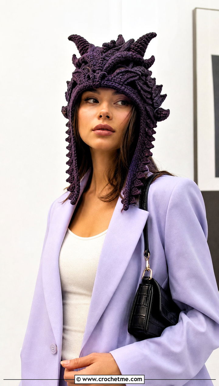 Crochet Dragon Amigurumi Hat With Monochrome Tailoring - 30 crochet amigurumi hat outfit ideas