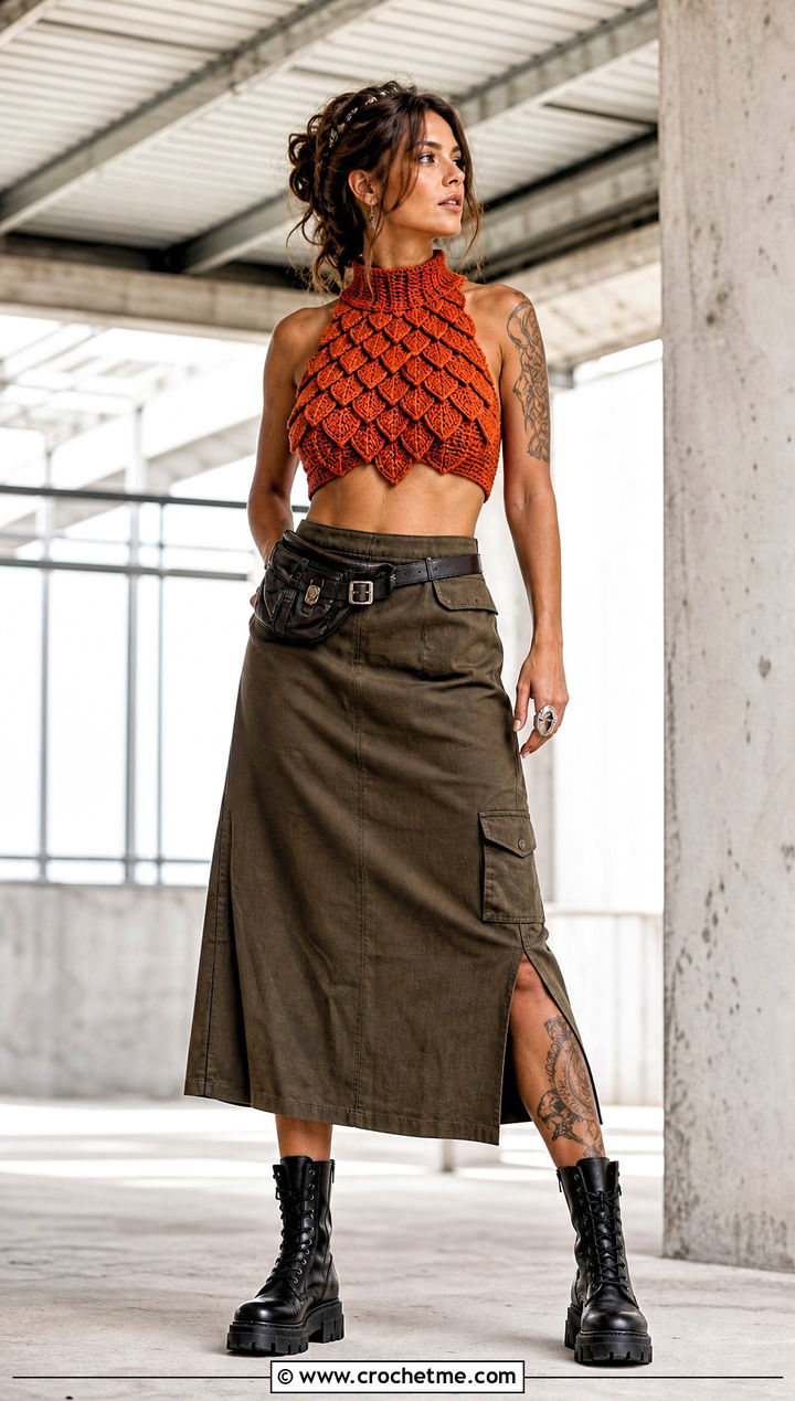 Crochet Dragon Scale Crop Top With Utility Skirt - 25 Fantasy Crochet Clothing and outfit ideas