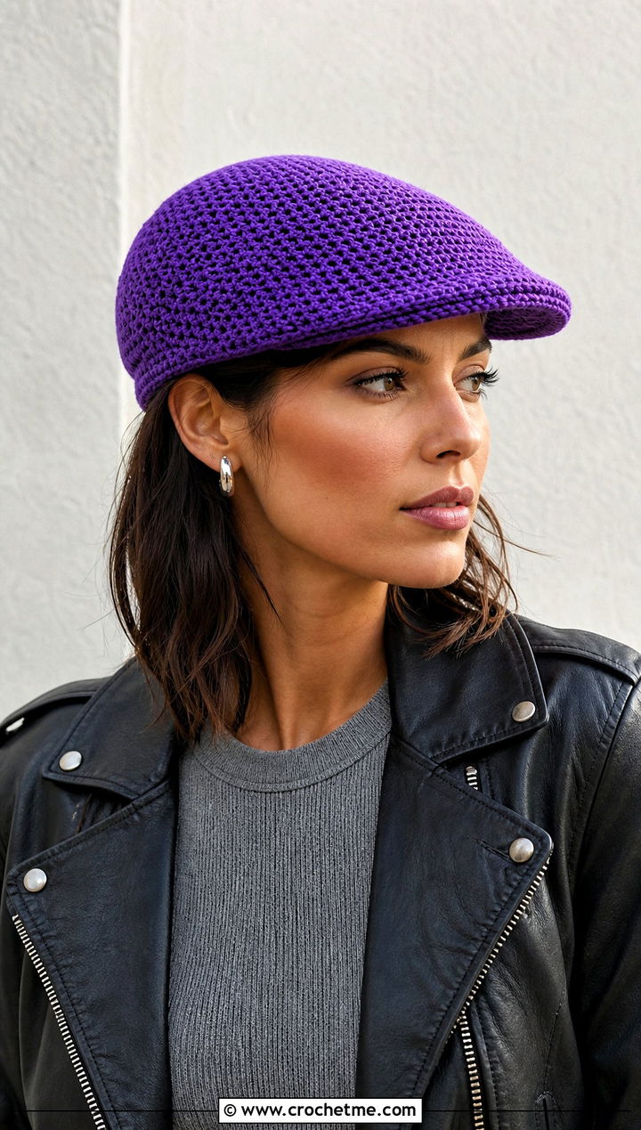 Crochet Driving Cap With Leather Jacket - 20 Flat Top Crochet Hat outfit ideas