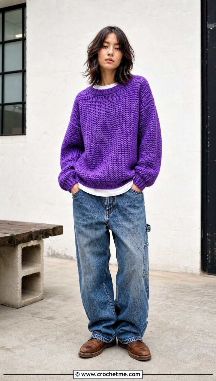 Crochet Drop Shoulder Pullover With Carpenter Jeans - 30 Masc Crochet Clothes and outfit ideas