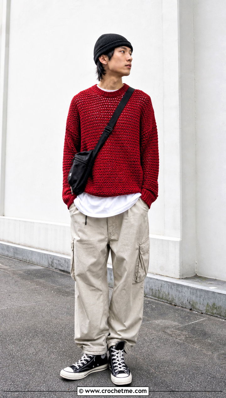 Crochet Drop Shoulder Sweater With Cargo Pants - 30 Easy Crochet Mens Sweater outfit ideas