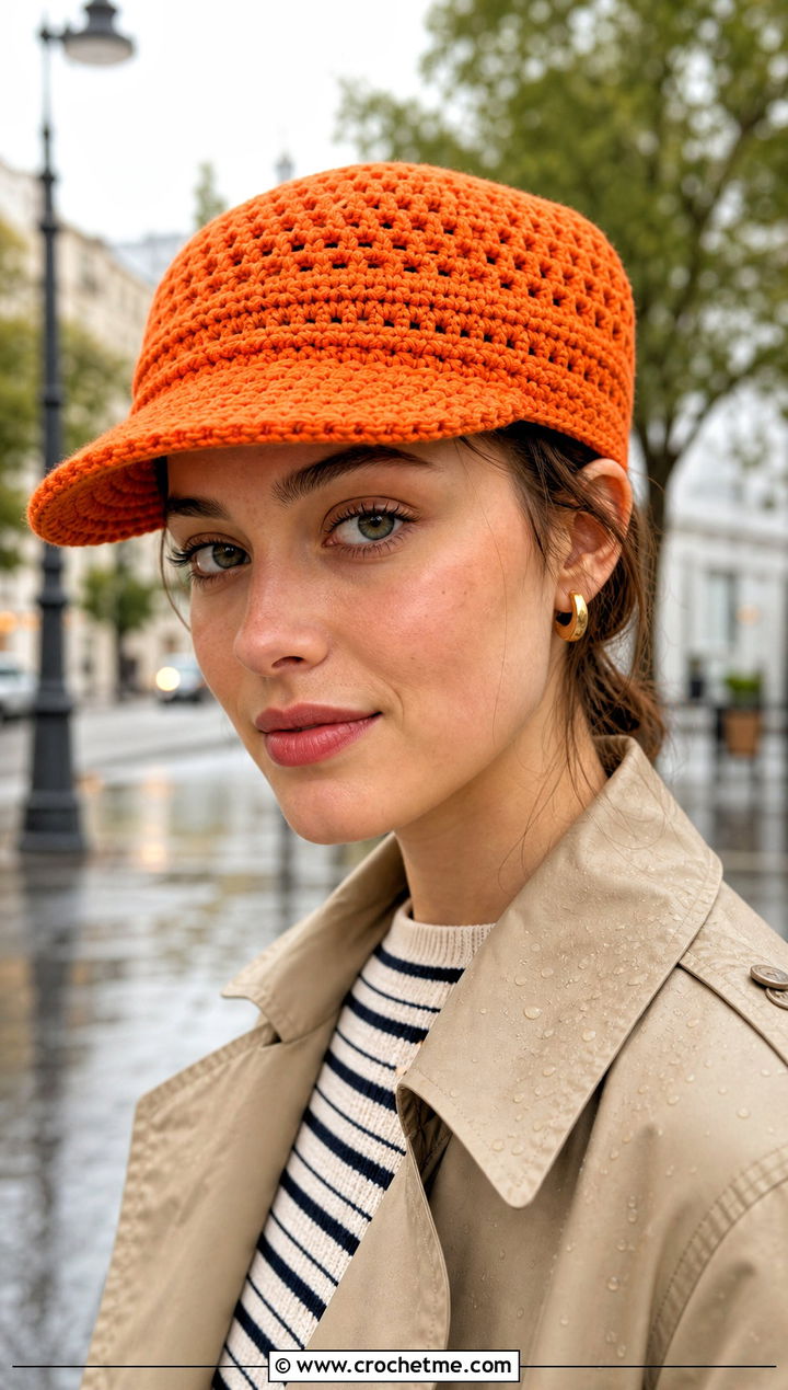 Crochet Duckbill Cap With Trench Coat - 20 Flat Top Crochet Hat outfit ideas