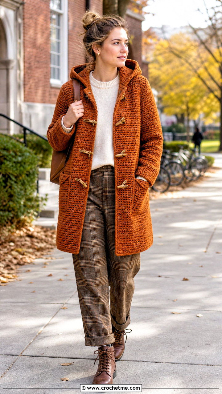 Crochet Duffle Coat With Plaid Trousers - 35 crochet coats outfit ideas