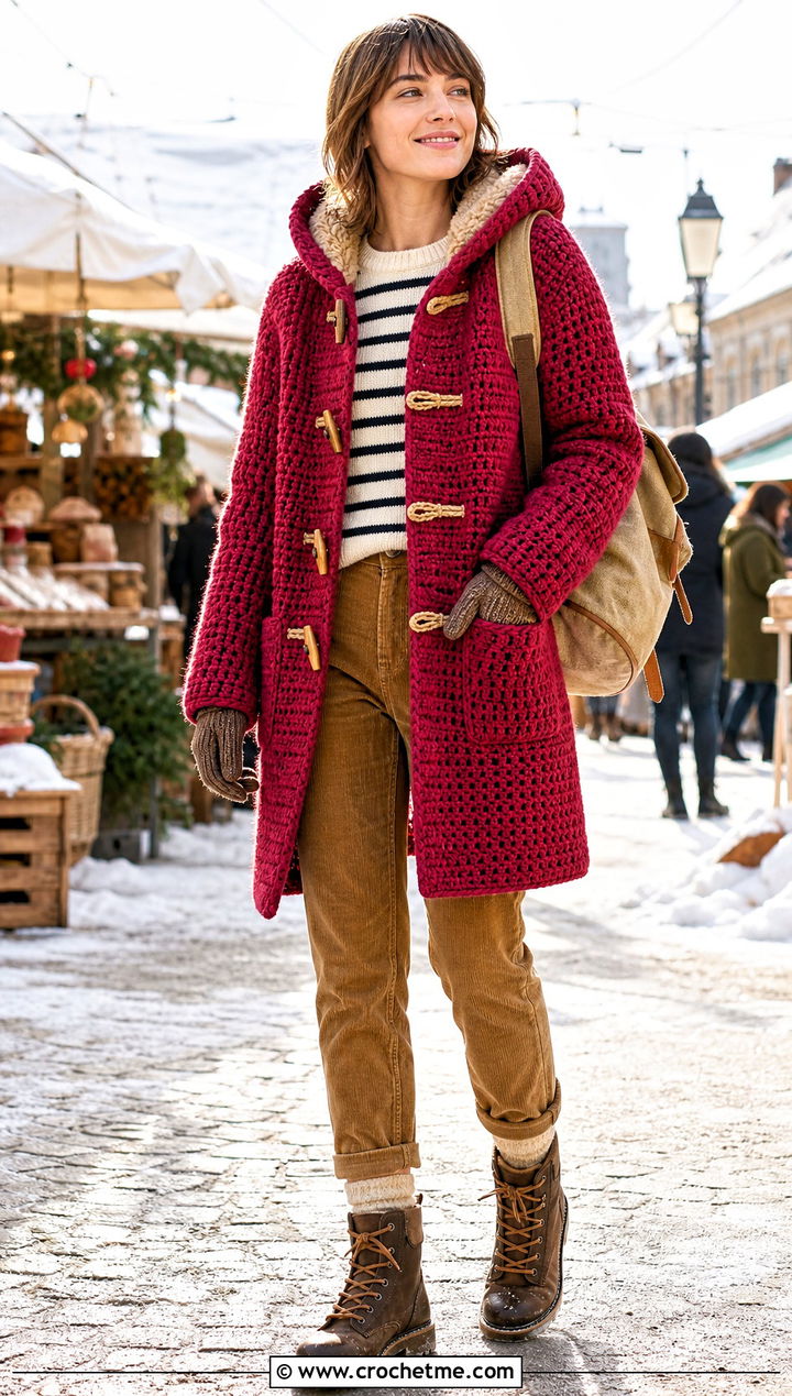 Crochet Duffle Winter Coat With Corduroy Pants - 20 Crochet Winter Coat outfit ideas