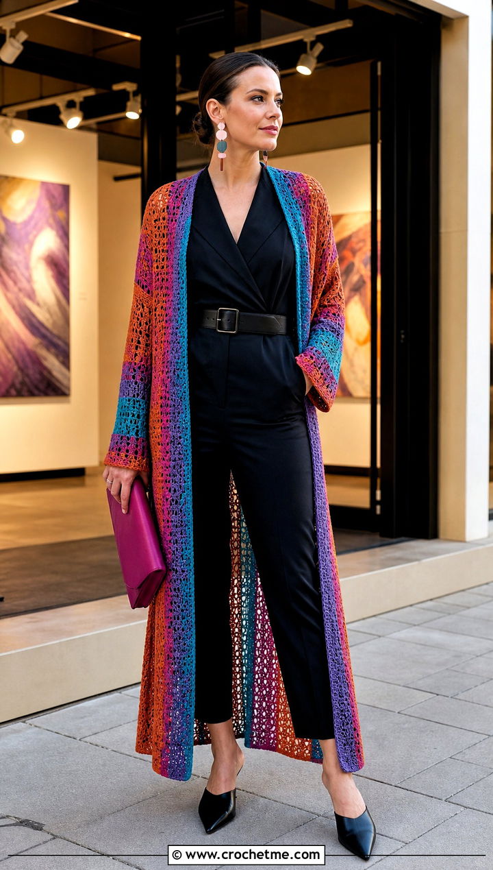 Crochet Duster Cardigan With A Monochrome Jumpsuit - 25 Crochet Colourful Cardigan outfit ideas