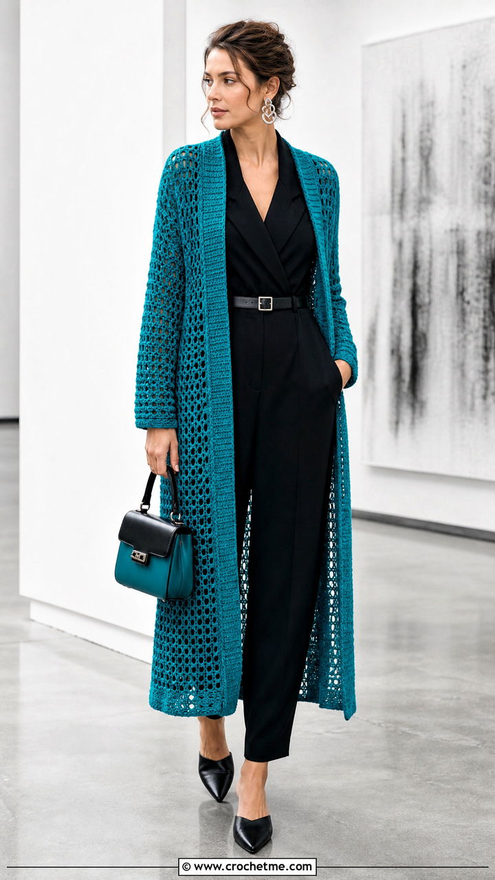 Crochet Duster Cardigan With Black Jumpsuit - 35 crochet long cardigan outfit ideas