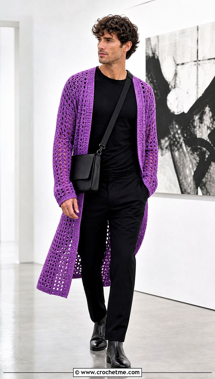Crochet Duster Cardigan With Black Separates - 30 Mens Crochet Outfit ideas