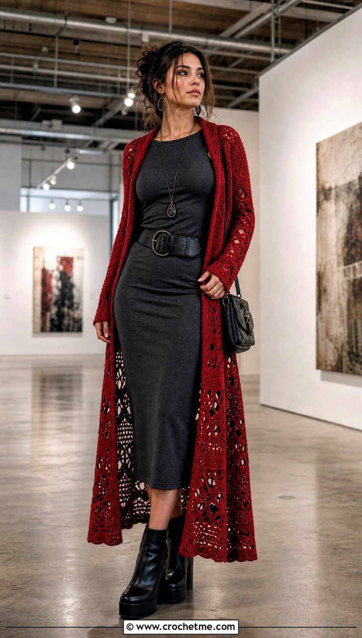 Crochet Duster Cardigan With Column Dress - 35 Crochet Grunge Clothes and outfit ideas