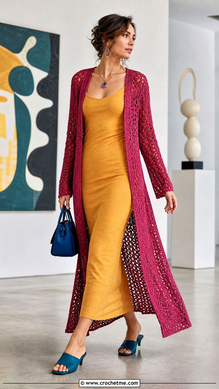 Crochet Duster Cardigan With Column Dress - 35 crochet outfits ideas