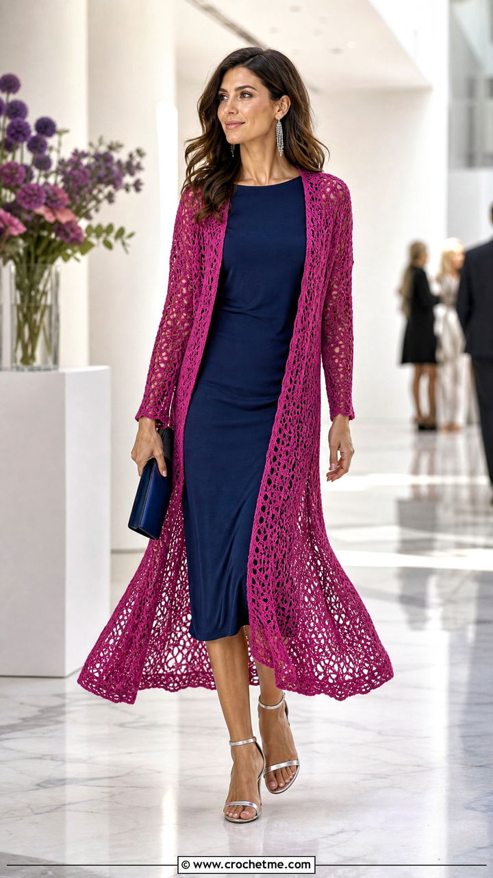 Crochet Duster Cardigan With Column Dress - 35 oversized crochet cardigan outfit ideas