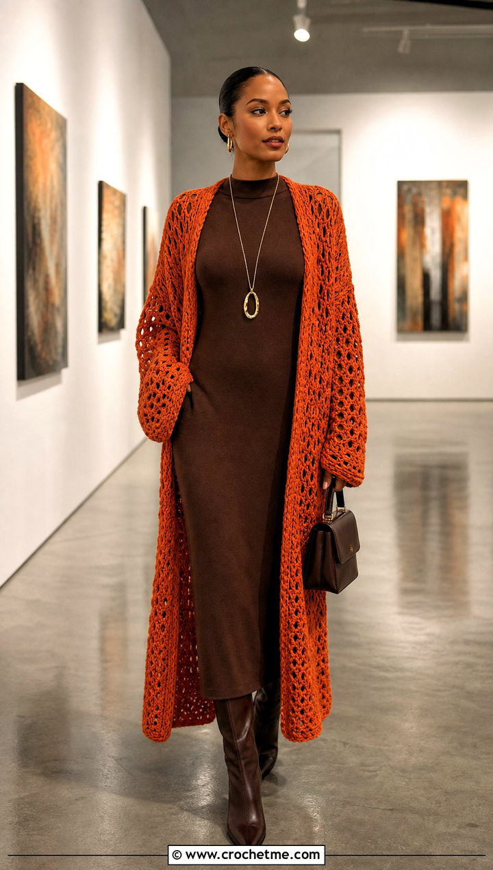 Crochet Duster Cardigan With Column Dress - 25 Autumn Crochet Cardigan outfit ideas