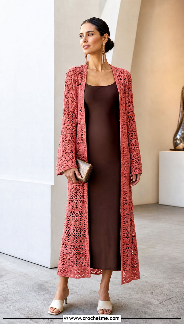 Crochet Duster Cardigan With Column Dress - 30 crochet spring cardigan outfit ideas