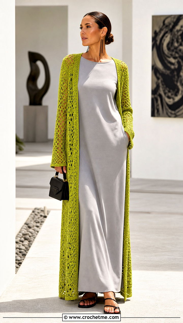 Crochet Duster Cardigan With Column Maxi Dress - 25 lightweight crochet cardigan outfit ideas