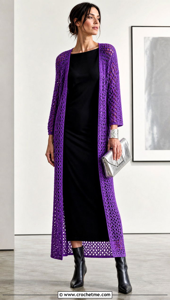 Crochet Duster Cardigan With Column Midi Dress - 30 loose crochet cardigan outfit ideas