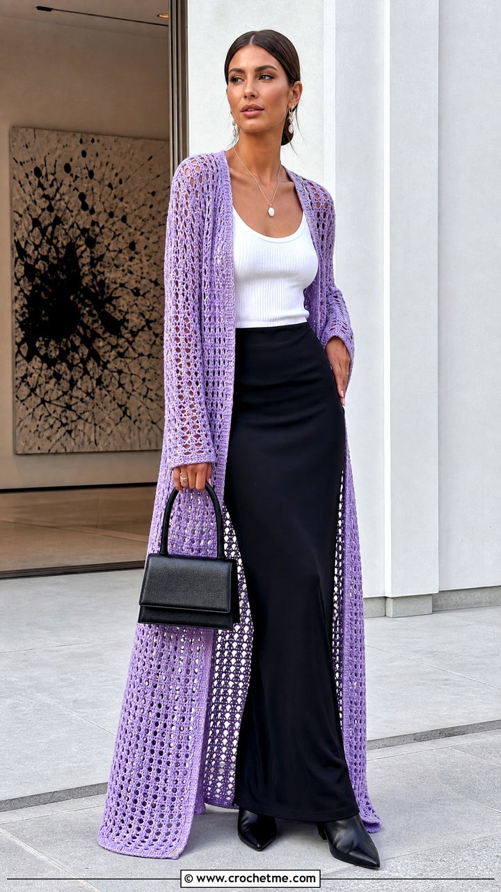 Crochet Duster Cardigan With Column Skirt - 35 crochet cardigan for women outfit ideas