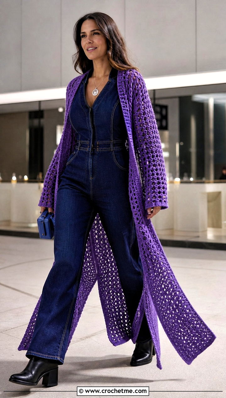 Crochet Duster Cardigan With Denim Jumpsuit - 25 halloween crochet cardigan outfit ideas