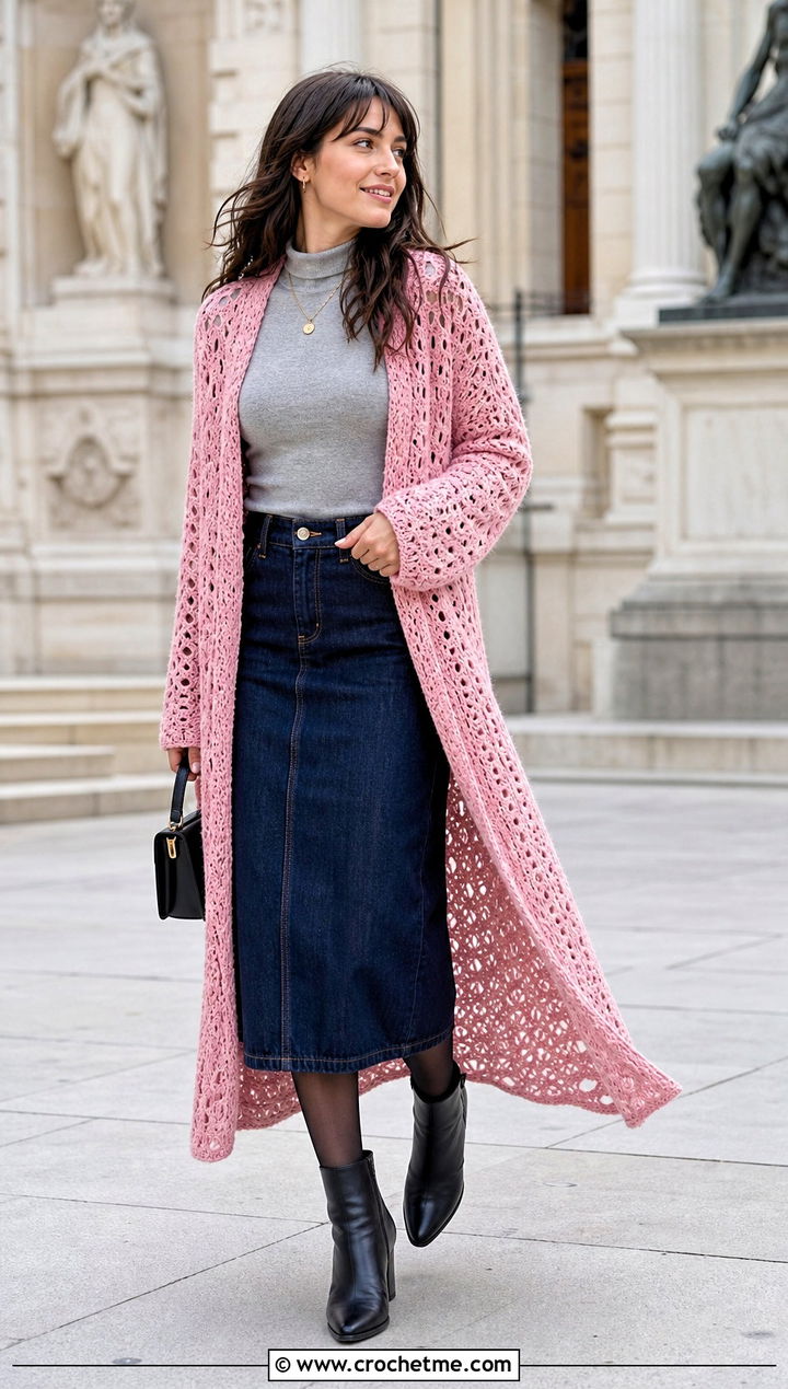 Crochet Duster Cardigan With Denim Midi Skirt - 25 Winter Crochet Clothes and outfit ideas