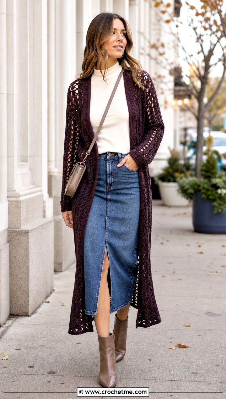 Crochet Duster Cardigan With Denim Midi Skirt - 35 fall crochet cardigan outfit ideas