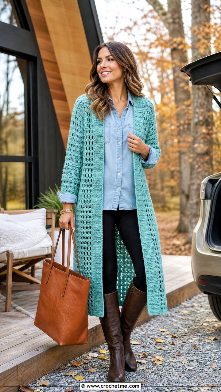 Crochet Duster Cardigan With Denim Shirt And Leggings - 35 autumn crochet clothes and outfit ideas