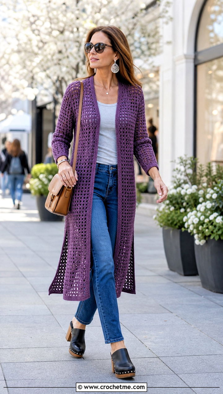 Crochet Duster Cardigan With Jeans And Tank Top - 30 Spring Crochet Clothes Ideas