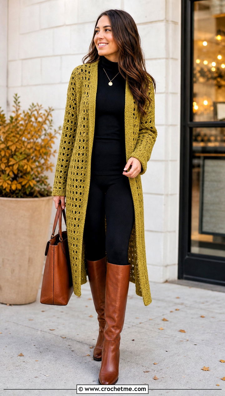 Crochet Duster Cardigan With Leggings And Riding Boots - 25 Fall Crochet Outfit Ideas