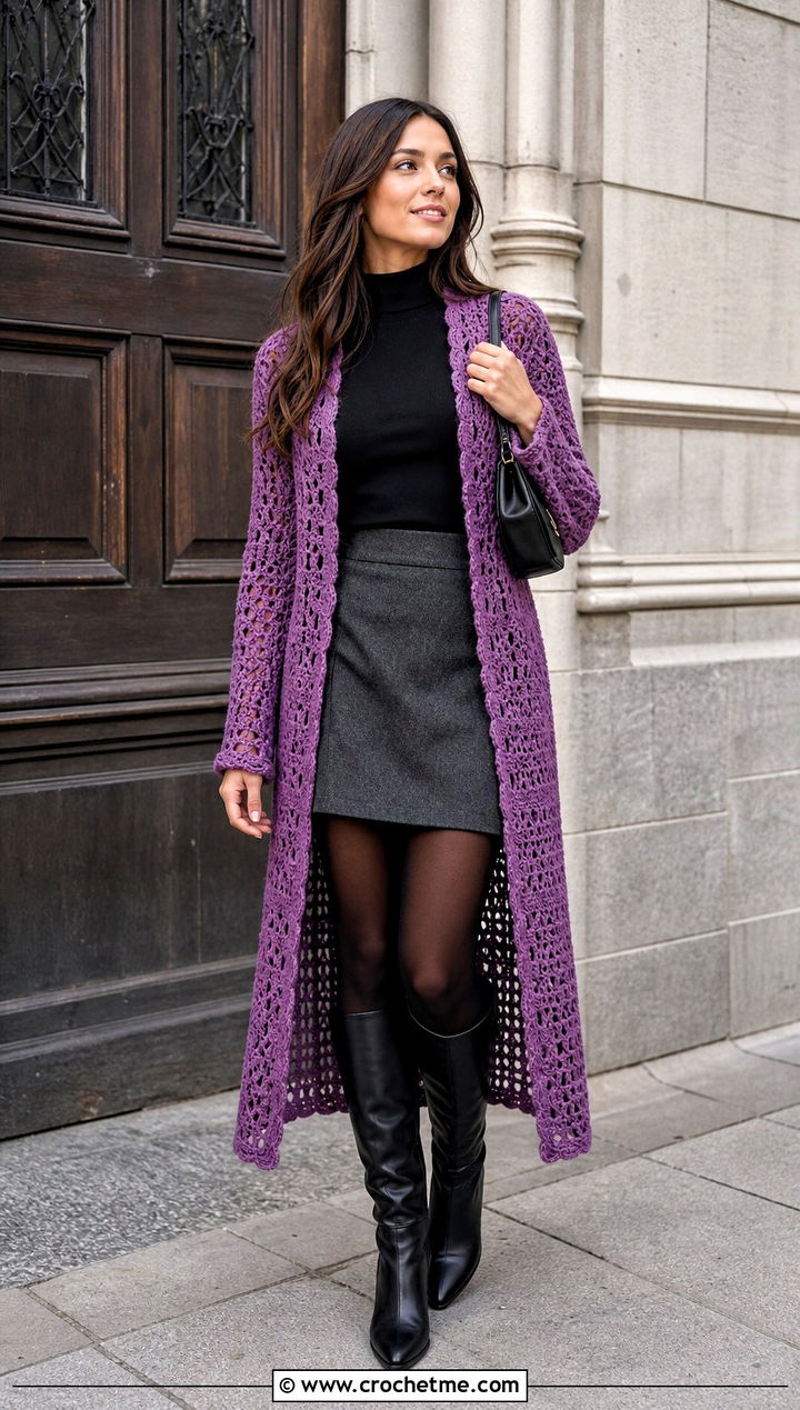 Crochet Duster Cardigan With Mini Skirt And Knee Boots - 25 Autumn Crochet Outfit ideas