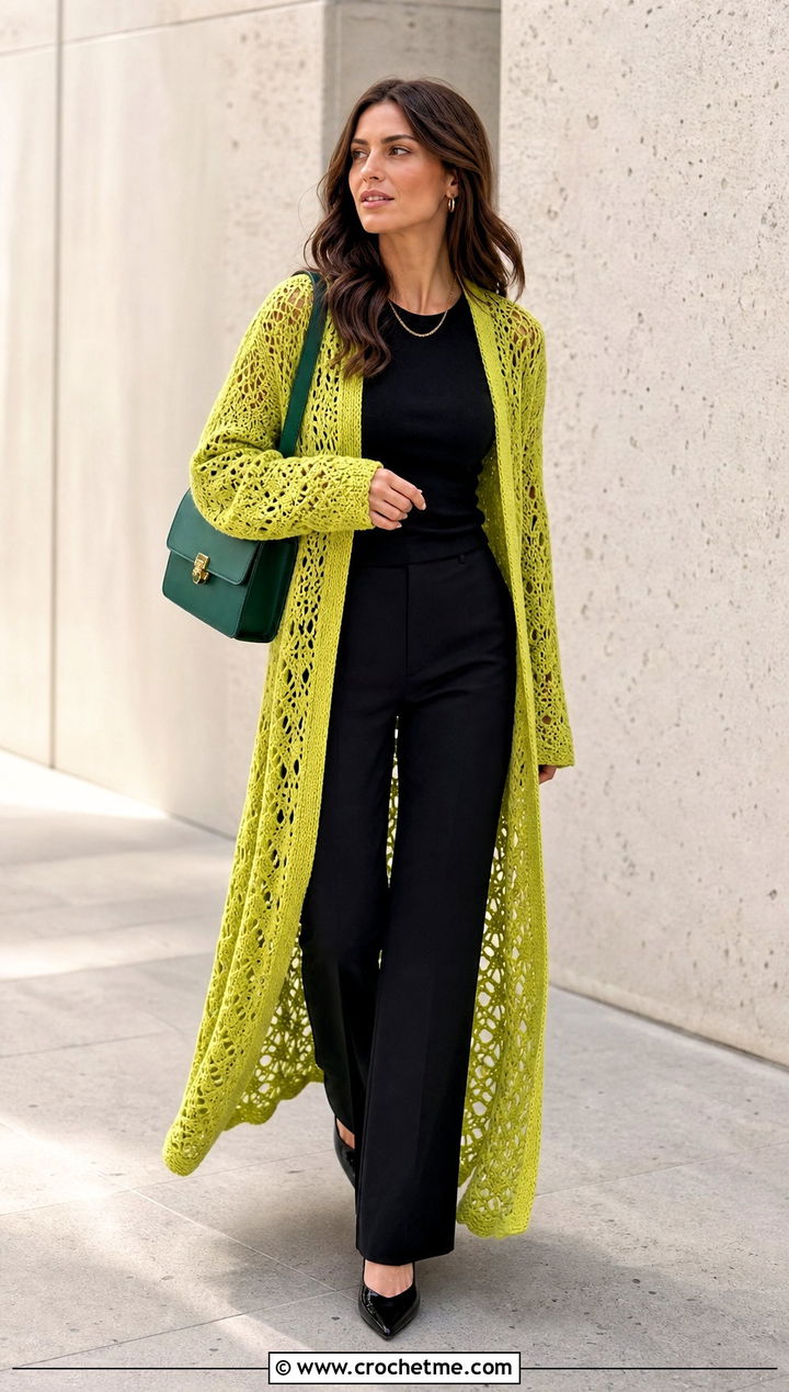 Crochet Duster Cardigan With Monochrome Basics - 25 crochet womens clothes and outfit ideas