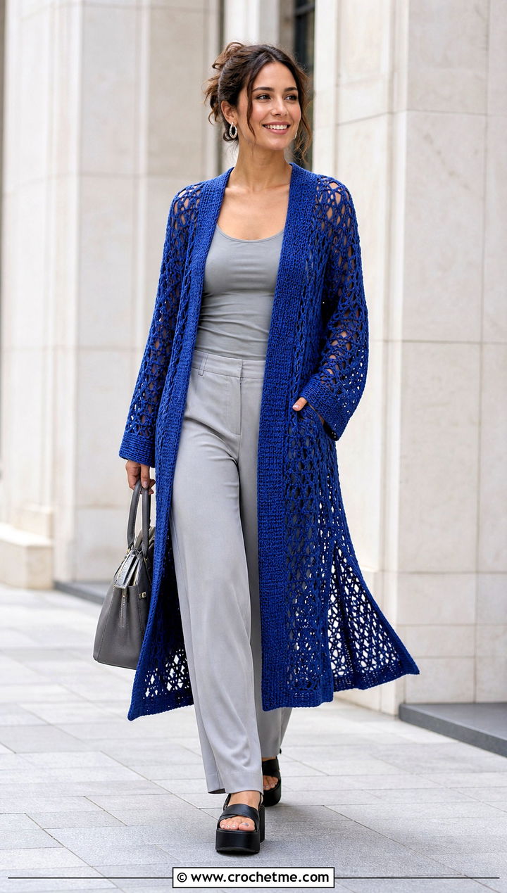 Crochet Duster Cardigan With Monochrome Basics - 20 Modern Crochet Cardigan outfit ideas