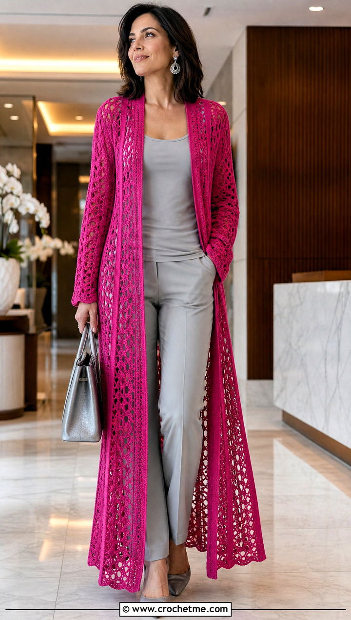 Crochet Duster Cardigan With Monochrome Basics - 30 crochet thread clothes and outfit ideas