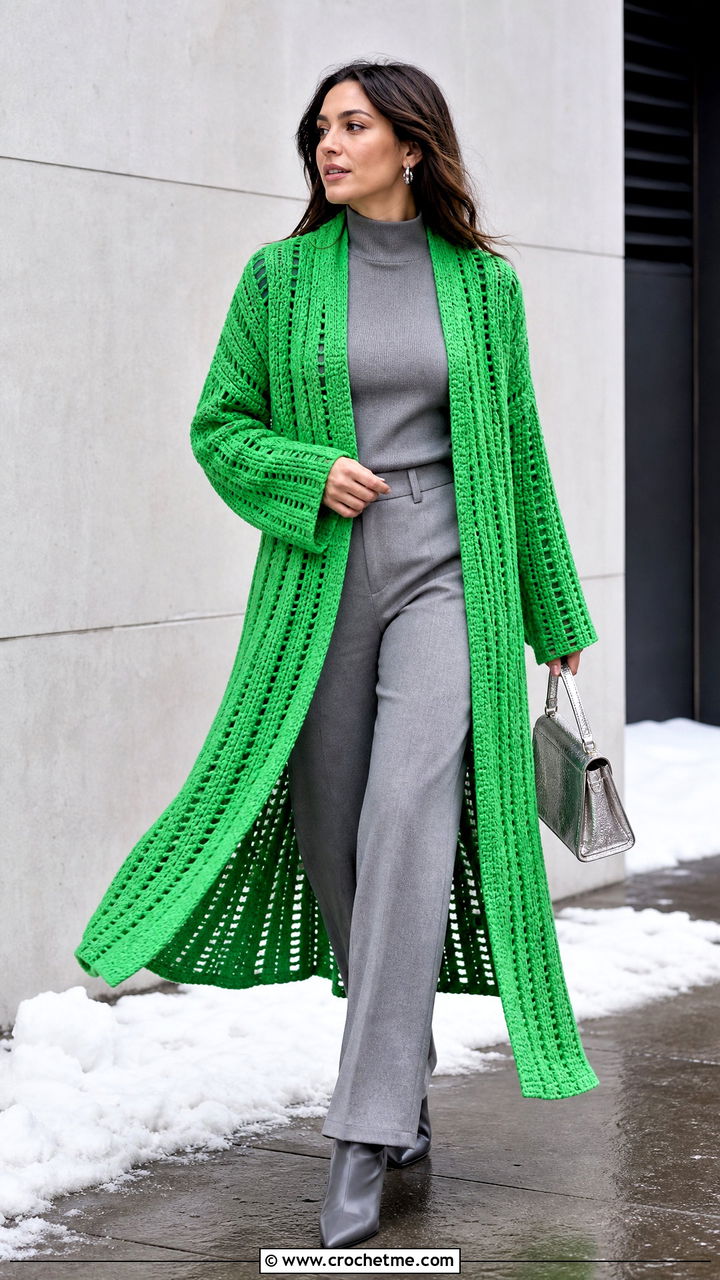 Crochet Duster Cardigan With Monochrome Layers - 35 crochet winter clothes and outfit ideas