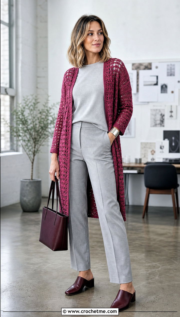 Crochet Duster Cardigan With Monochrome Separates - 25 Crochet Professional Clothes and outfit ideas