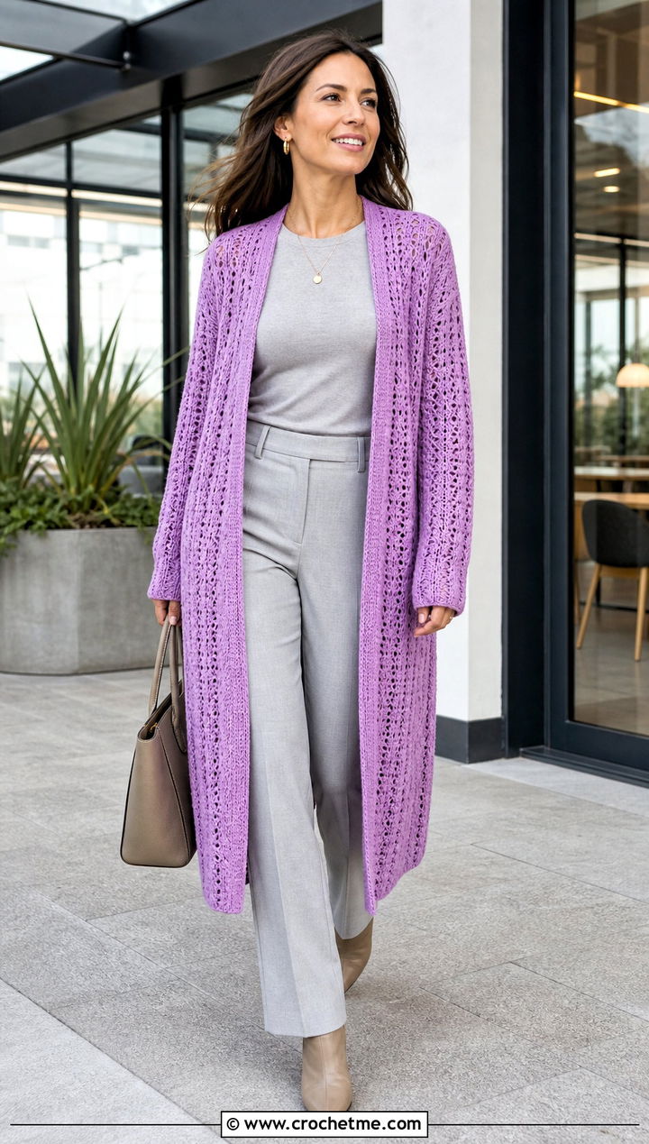 Crochet Duster Cardigan With Monochrome Separates - 20 Crochet Clothes For Work outfit ideas