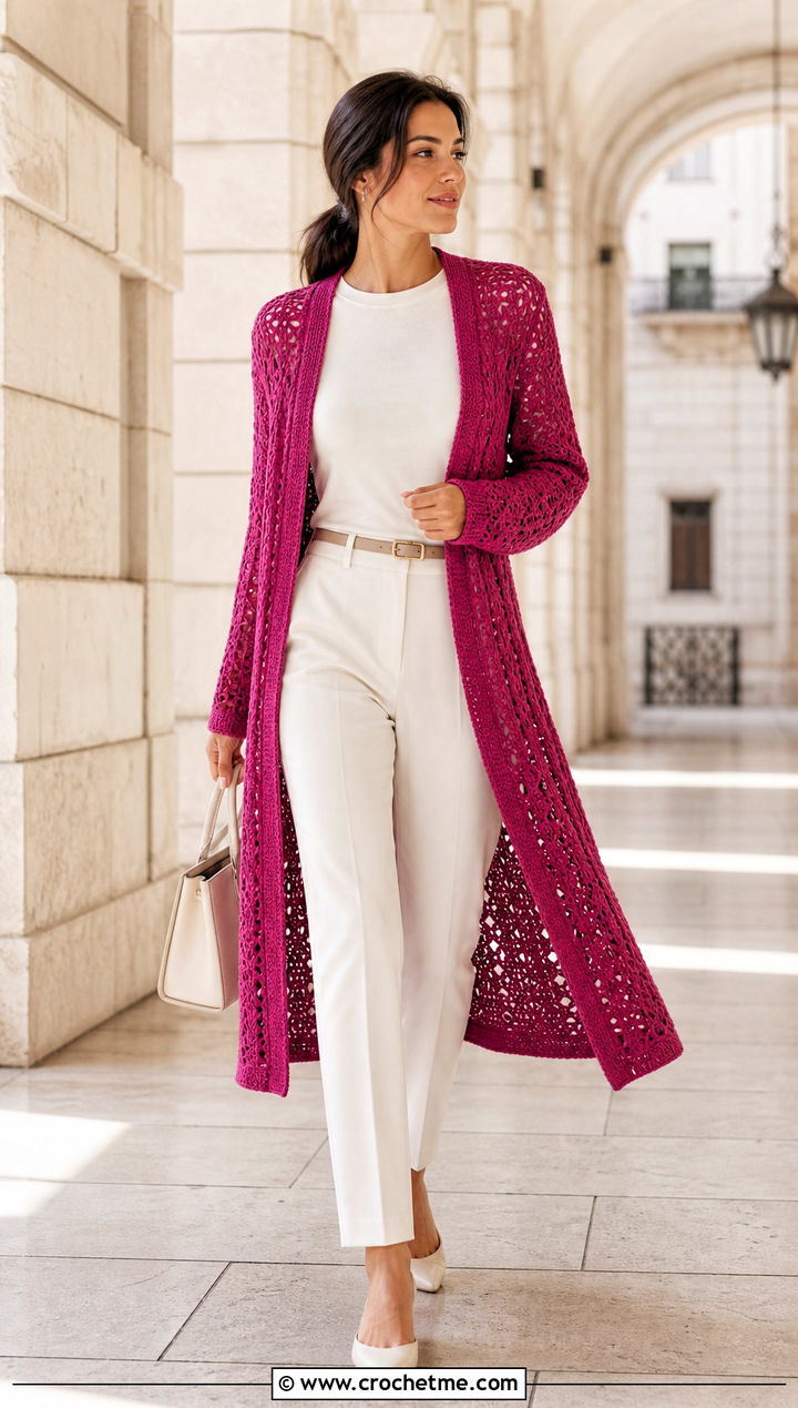 Crochet Duster Cardigan With Monochrome Separates - 35 old money crochet outfits ideas