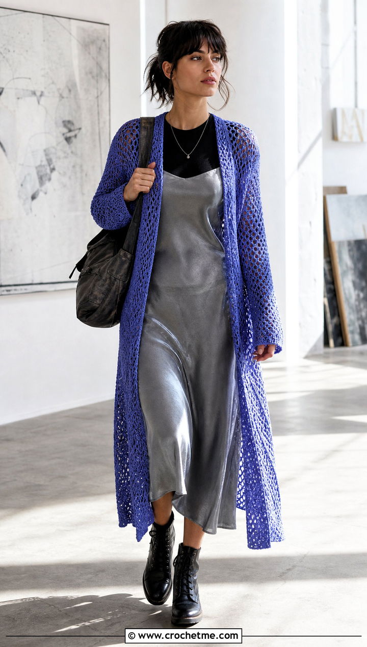 Crochet Duster Cardigan With Satin Midi Dress - 25 grunge crochet clothes and outfit ideas