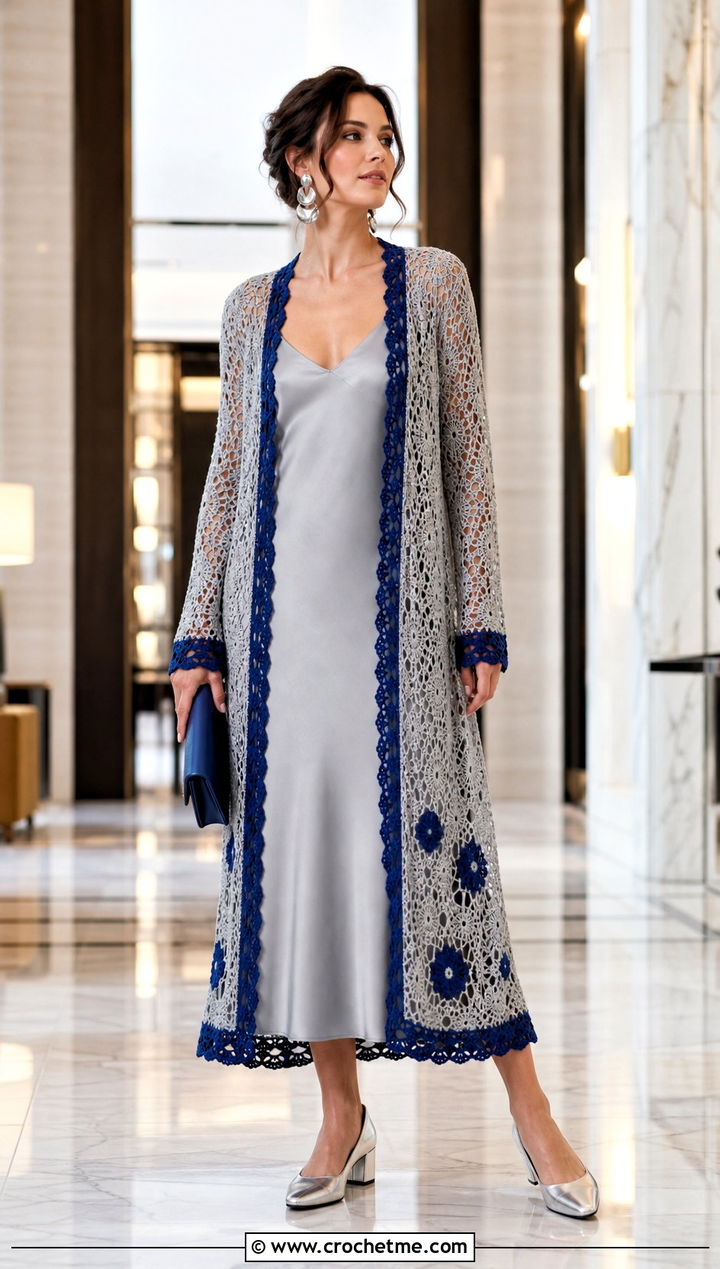 Crochet Duster Cardigan With Slip Dress - 15 crochet cardigan with blue accents outfit ideas