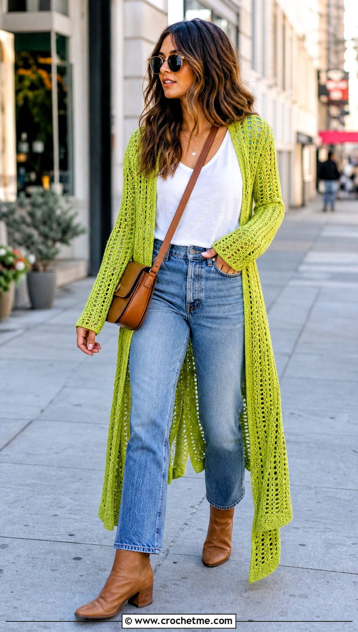 Crochet Duster Cardigan With T Shirt And Jeans - 30 crochet clothing for beginners outfit ideas