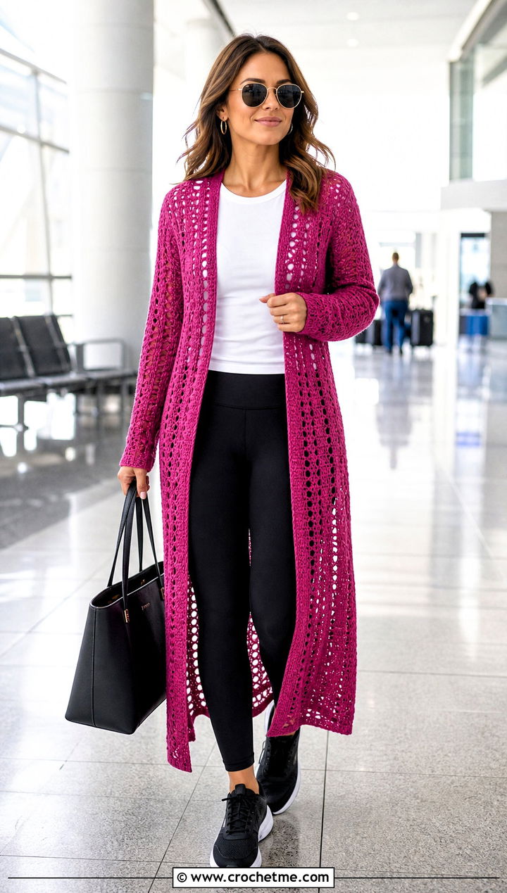 Crochet Duster Cardigan With T Shirt And Leggings - 30 vintage crochet clothes and outfit ideas