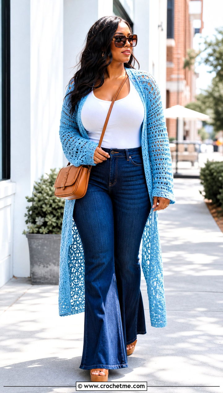 Crochet Duster Cardigan With Tank And Flare Jeans - 30 crochet plus size cardigan outfit ideas