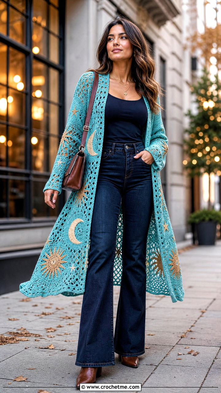 Crochet Duster Cardigan With Tank And Flared Jeans - 35 anime crochet clothes and outfit ideas