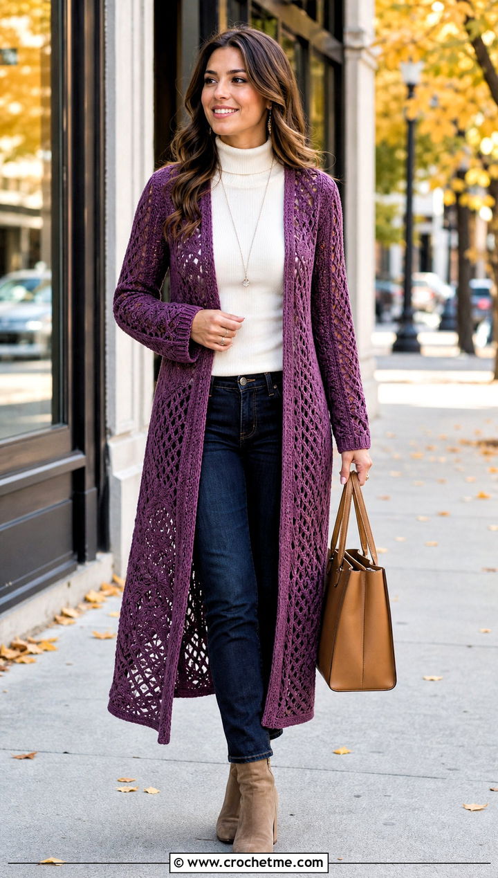 Crochet Duster Cardigan With Turtleneck And Jeans - 30 outfits to crochet outfit ideas
