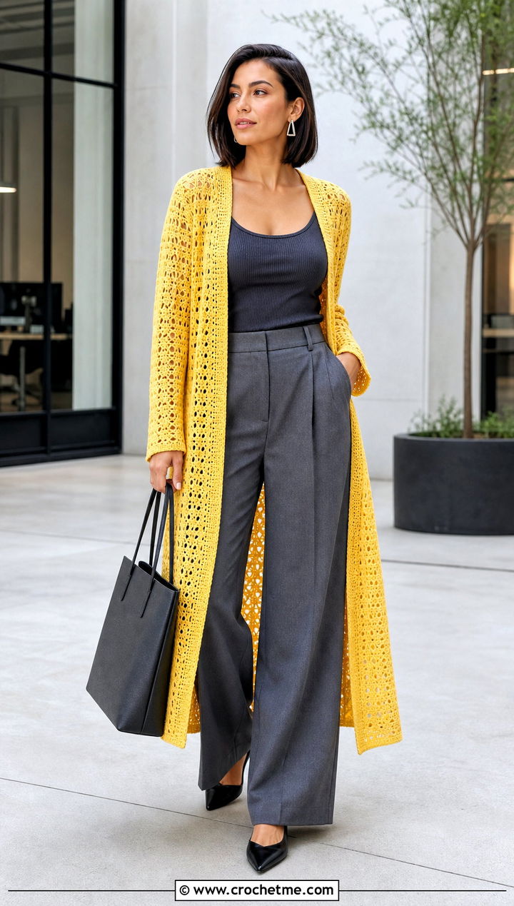 Crochet Duster Cardigan With Wide Leg Trousers - 25 long crochet sweater outfit ideas