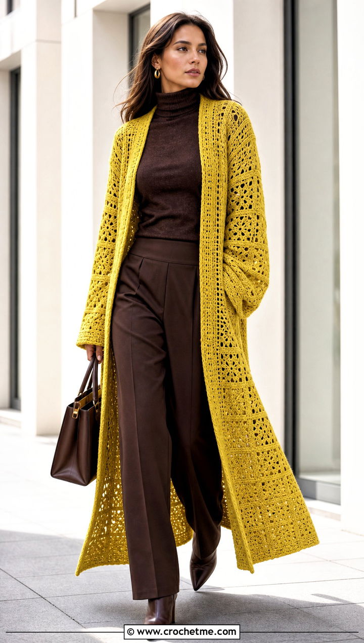 Crochet Duster Cardigan With a Monochrome Base - 35 Crochet Winter Outfits ideas