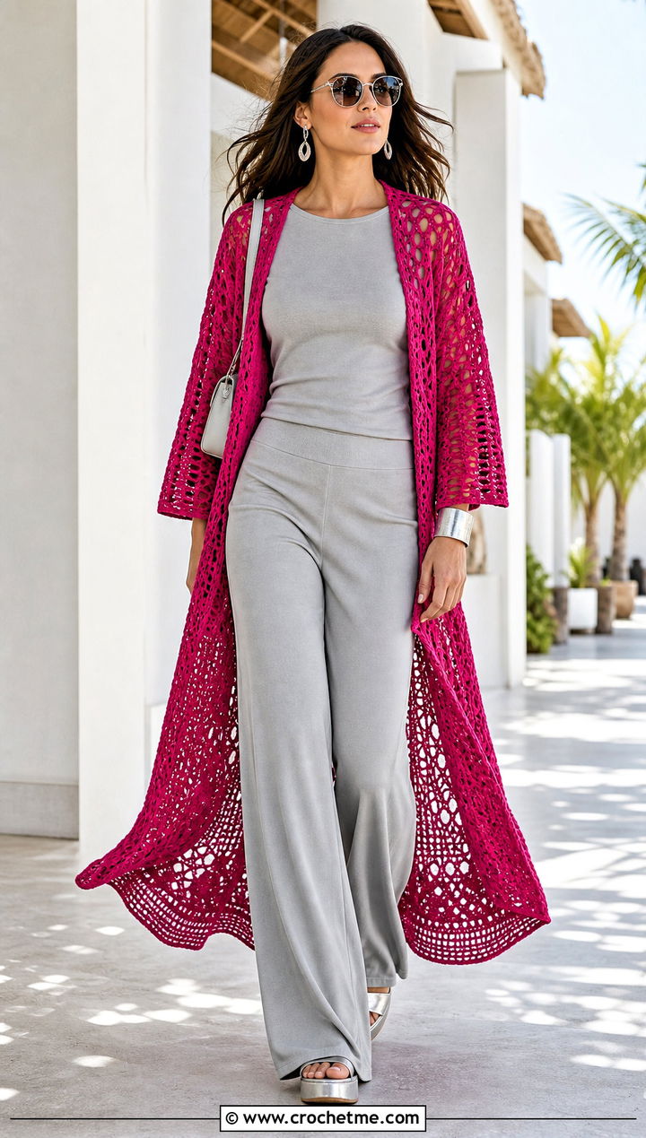 Crochet Duster Coat With Monochrome Basics - 15 crochet vest coats & jackets outfit ideas