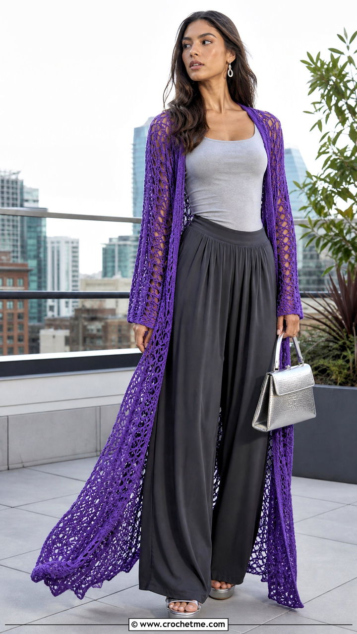 Crochet Duster Cover Up With Wide Leg Trousers - 35 crochet cover up outfit ideas