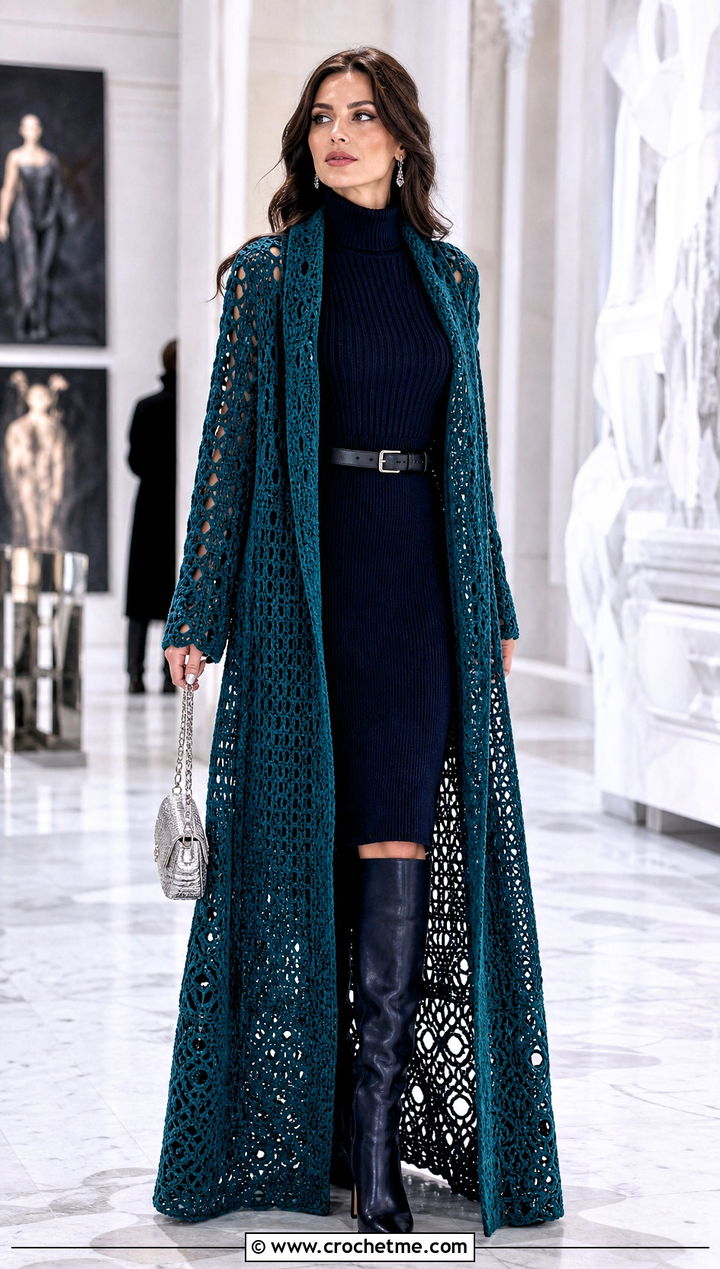 Crochet Duster Jacket With Sweater Dress - 30 crochet winter jacket outfit ideas