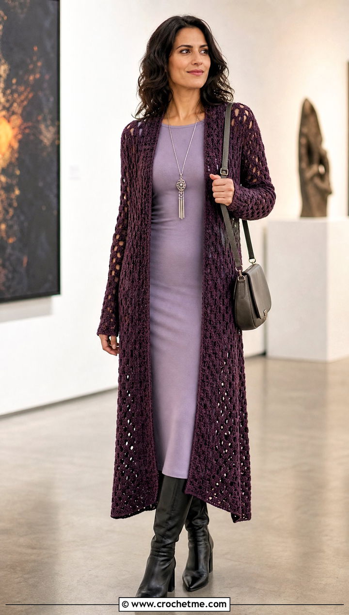 Crochet Duster Sweater With Column Dress - 30 fall crochet sweaters outfit ideas