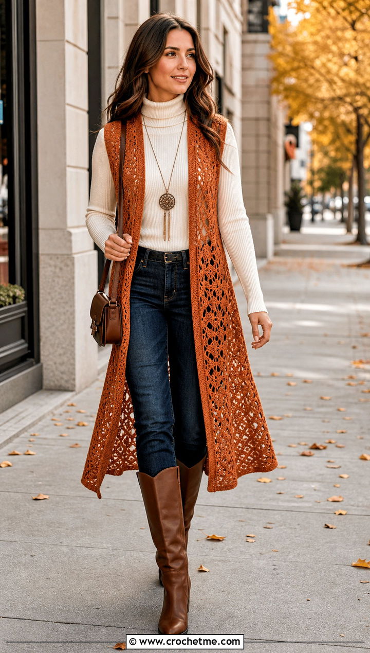 Crochet Duster Vest With Turtleneck And Boots - 35 crochet vest outfits for women outfit ideas