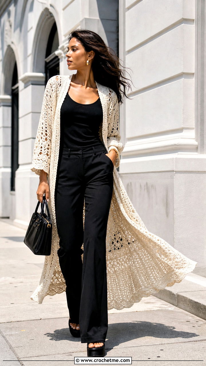Crochet Duster With Monochrome Basics - 35 crochet clothes and outfit ideas