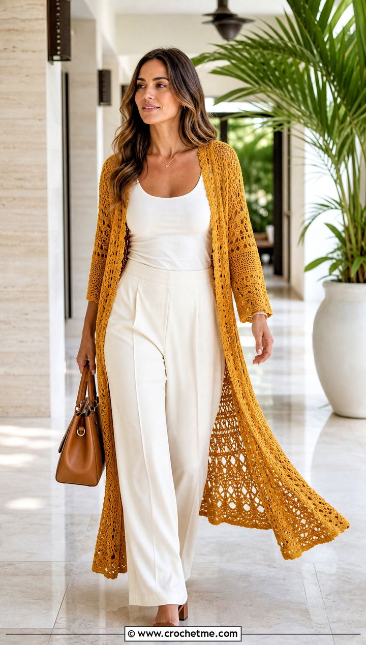 Crochet Duster With Monochrome Tank And Trousers - 30 cute crochet clothing and outfit ideas